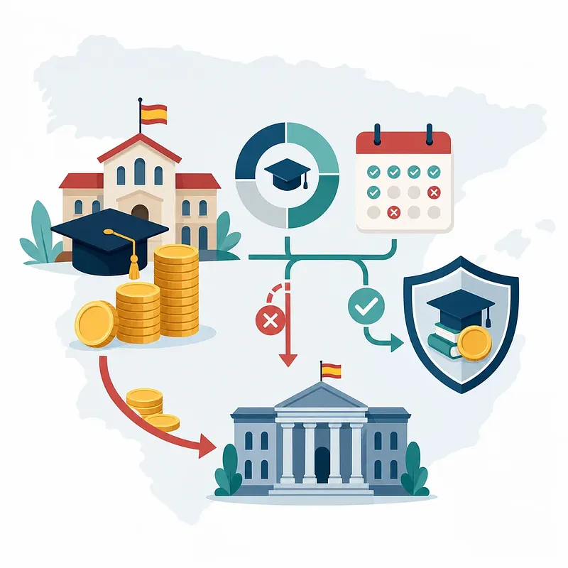 Scholarship process diagram with a school, coins, calendar, shield and government building on a map of Spain