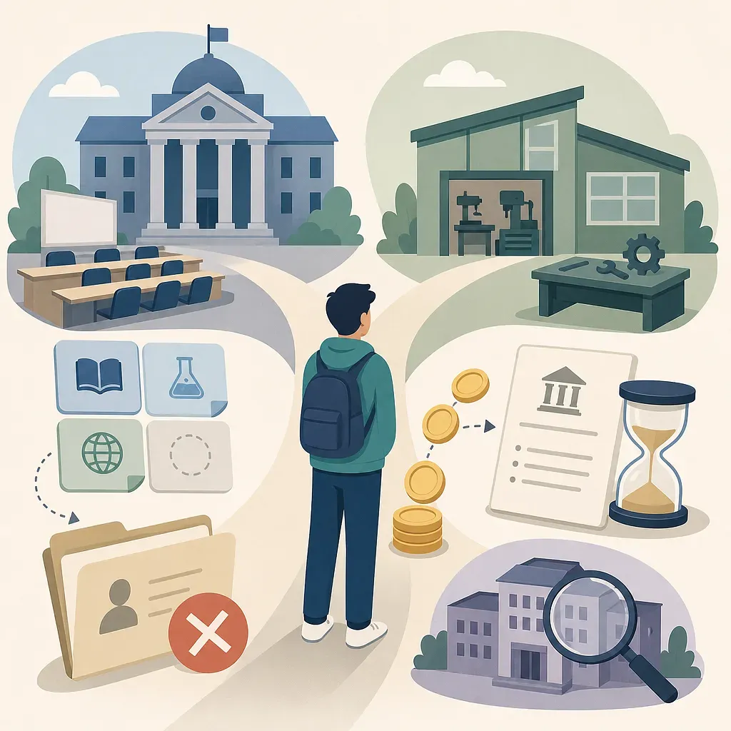 Student with backpack among a school, workshop, documents, coins, and an hourglass