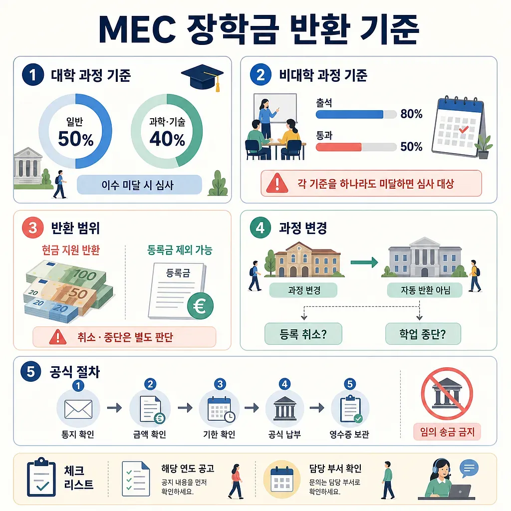 대학·비대학 과정별 MEC 장학금 반환 기준과 반환 범위, 공식 납부 절차를 정리한 인포그래픽