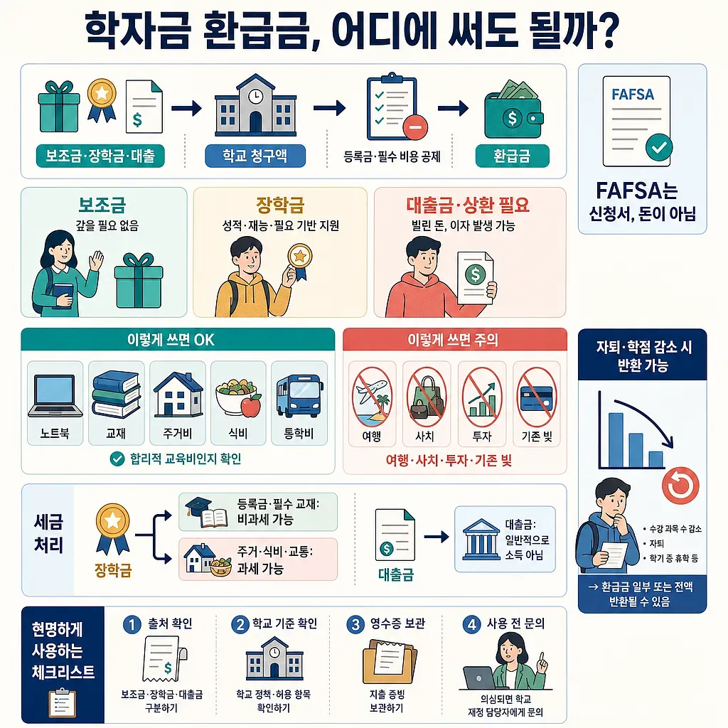 학자금 환급금의 사용처와 보조금·장학금·대출 차이를 설명하는 한국어 인포그래픽