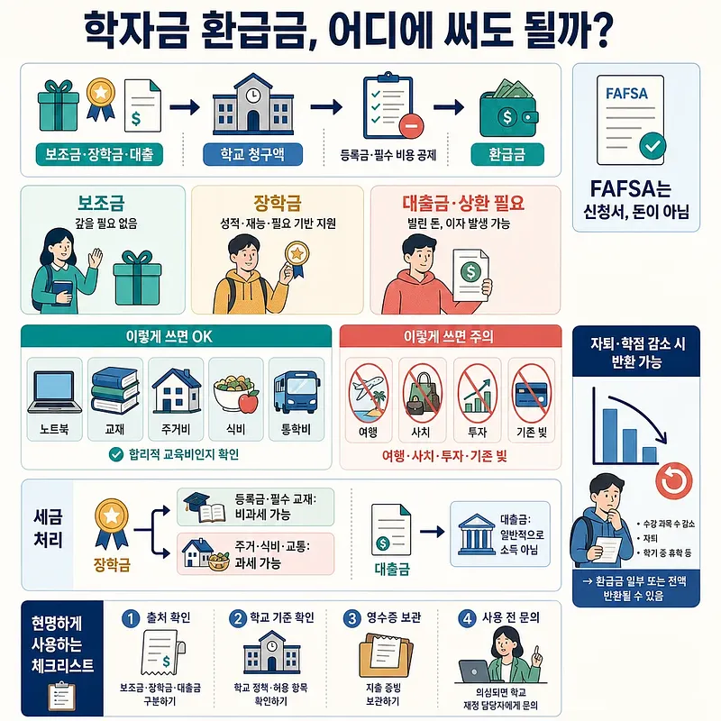 Infografía en coreano sobre reembolsos de ayuda estudiantil, gastos permitidos, impuestos y devolución