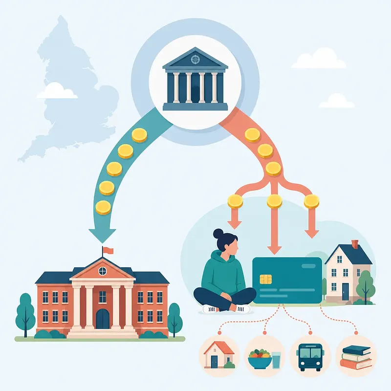 Diagrama del financiamiento estudiantil británico destinado a la universidad y a los gastos de vida