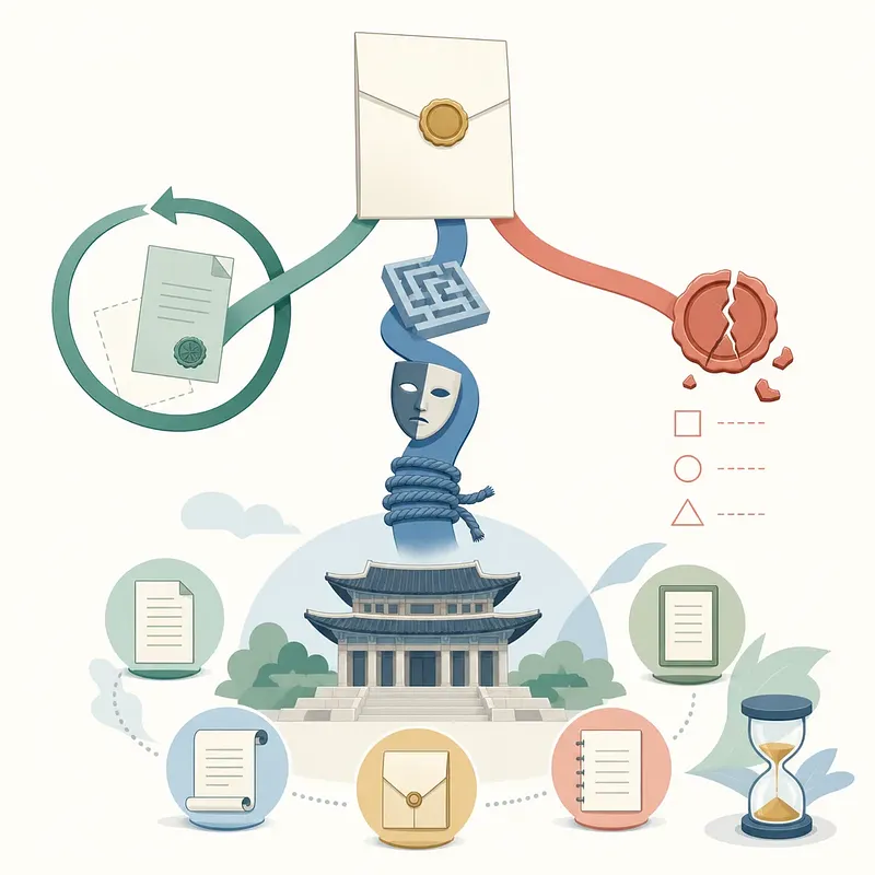 Sealed will with a reversal arrow, broken seal, courthouse, documents, and an hourglass
