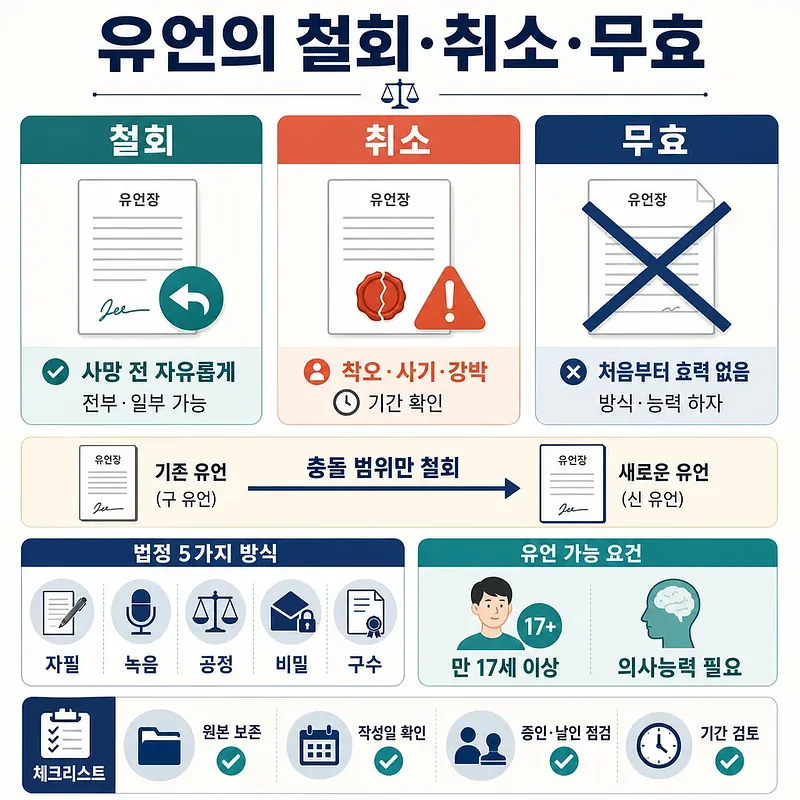 유언의 철회·취소·무효 차이와 법정 방식, 유언 요건, 체크리스트를 정리한 인포그래픽