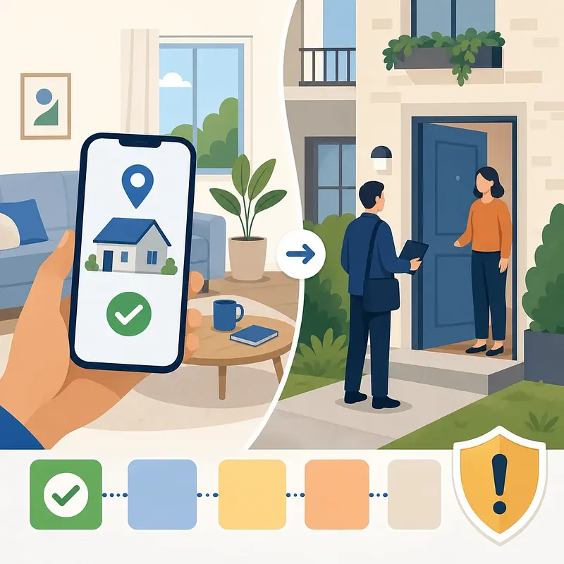 Teléfono con la ubicación de una vivienda verificada y un encuestador con tableta visitando a una residente