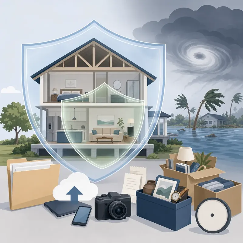 Casa protegida por escudos ante un huracán y una inundación, con pertenencias delante