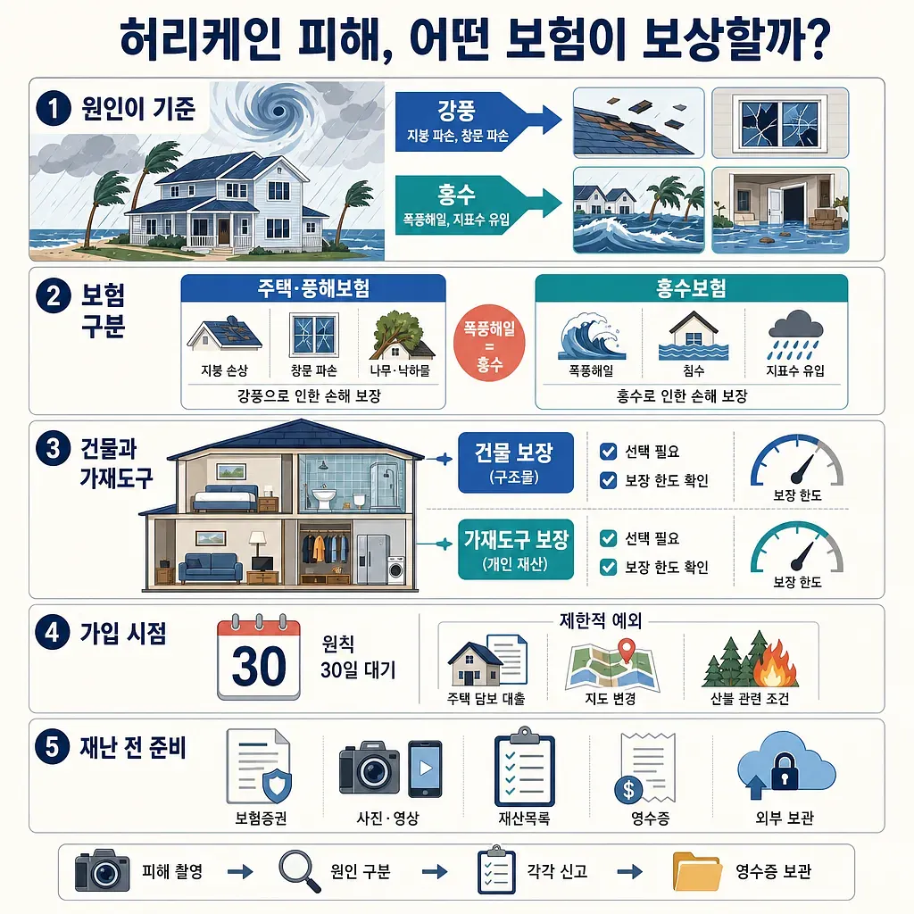 허리케인 피해별 주택보험과 홍수보험 보상 범위 및 재난 대비 절차 안내 인포그래픽