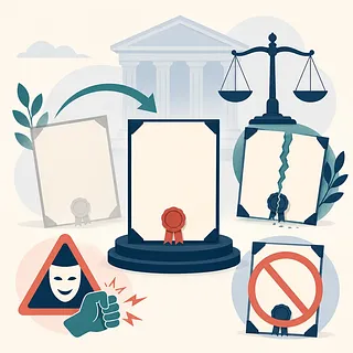 裁判所と天秤を背景に遺言の撤回・取消し・無効を示す文書と記号