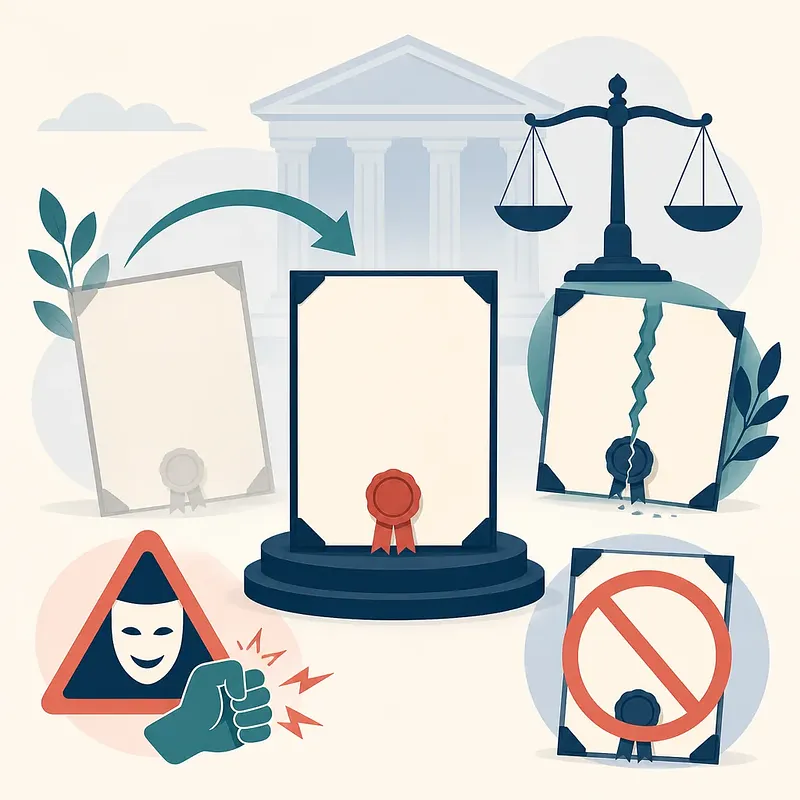 Documents and symbols of will revocation, cancellation, and invalidity before a court and scales
