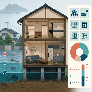 浸水した2階建て住宅の断面、水位線、損傷した家財、損害割合の図表