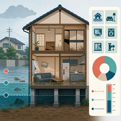 Cutaway of a flooded two-story house with water lines, damaged contents, icons, and a loss chart