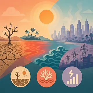 Ilustración de sequía, océano recalentado, ciudad y red eléctrica bajo un sol intenso