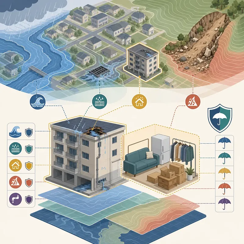 Diagram linking flood, inundation and landslide risks to color-coded coverage for a building and belongings