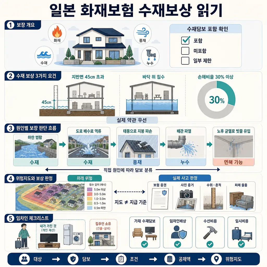 Infographic on Japan flood insurance criteria, cause-based coverage, hazard maps, and tenant checks