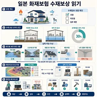 침수 45cm·손해비율 30% 기준과 원인별 보상, 위험지도, 임차인 체크리스트를 정리한 인포그래픽