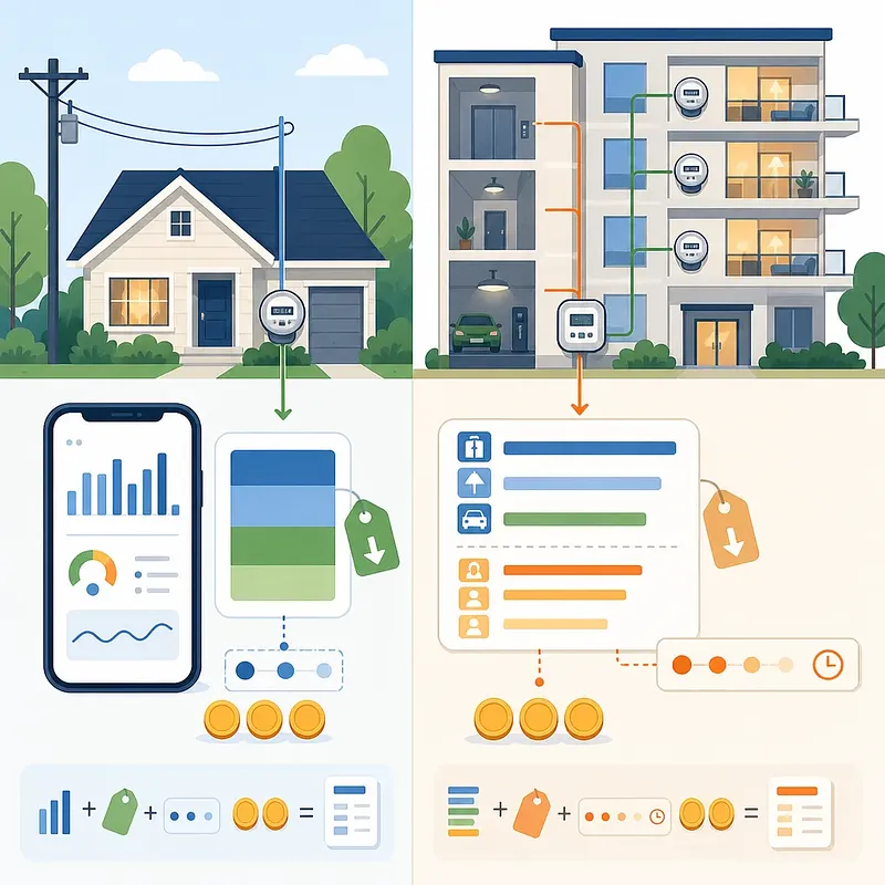 Medidores de una casa y un edificio conectados a gráficos móviles y cálculos de electricidad