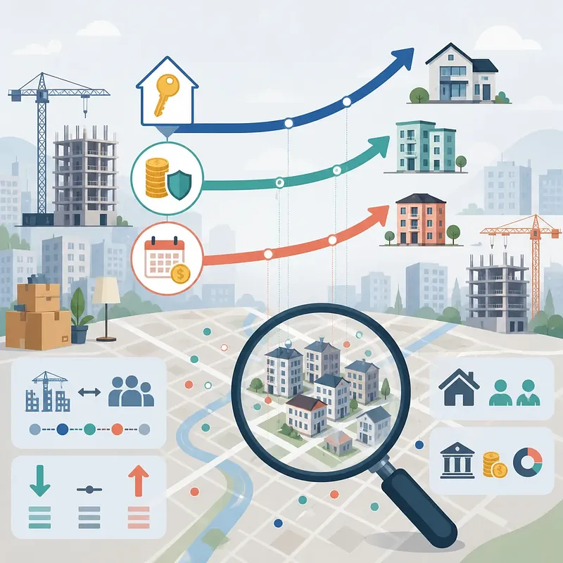 Infografía inmobiliaria con viviendas, obras, flechas ascendentes y una lupa sobre el mapa de un barrio