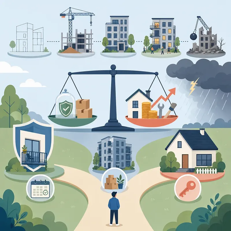 Person at a housing crossroads beneath a scale balancing property costs and security