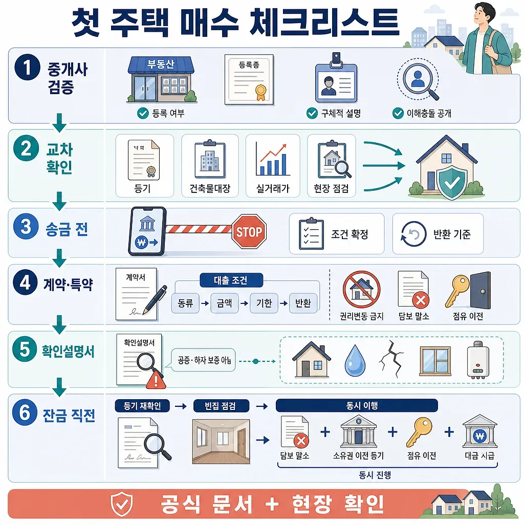 중개사 검증부터 계약·잔금 지급까지 6단계로 정리한 첫 주택 매수 체크리스트