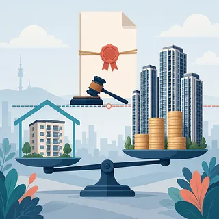 低層住宅と高層マンション・硬貨の山を載せた天秤、木槌、封印された文書のイラスト