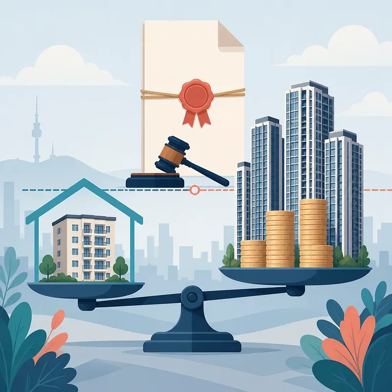 Scales balancing a low-rise home against high-rise apartments and coin stacks, with a gavel and sealed document