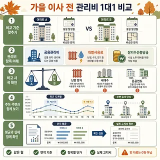 가을 이사 전 아파트 A와 B의 관리비를 5단계로 비교하는 안내 인포그래픽