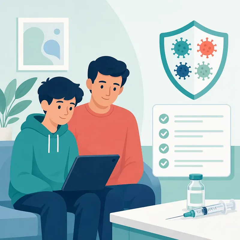 Padre e hijo con una tableta junto a un escudo, lista de vacunación, vial y jeringa