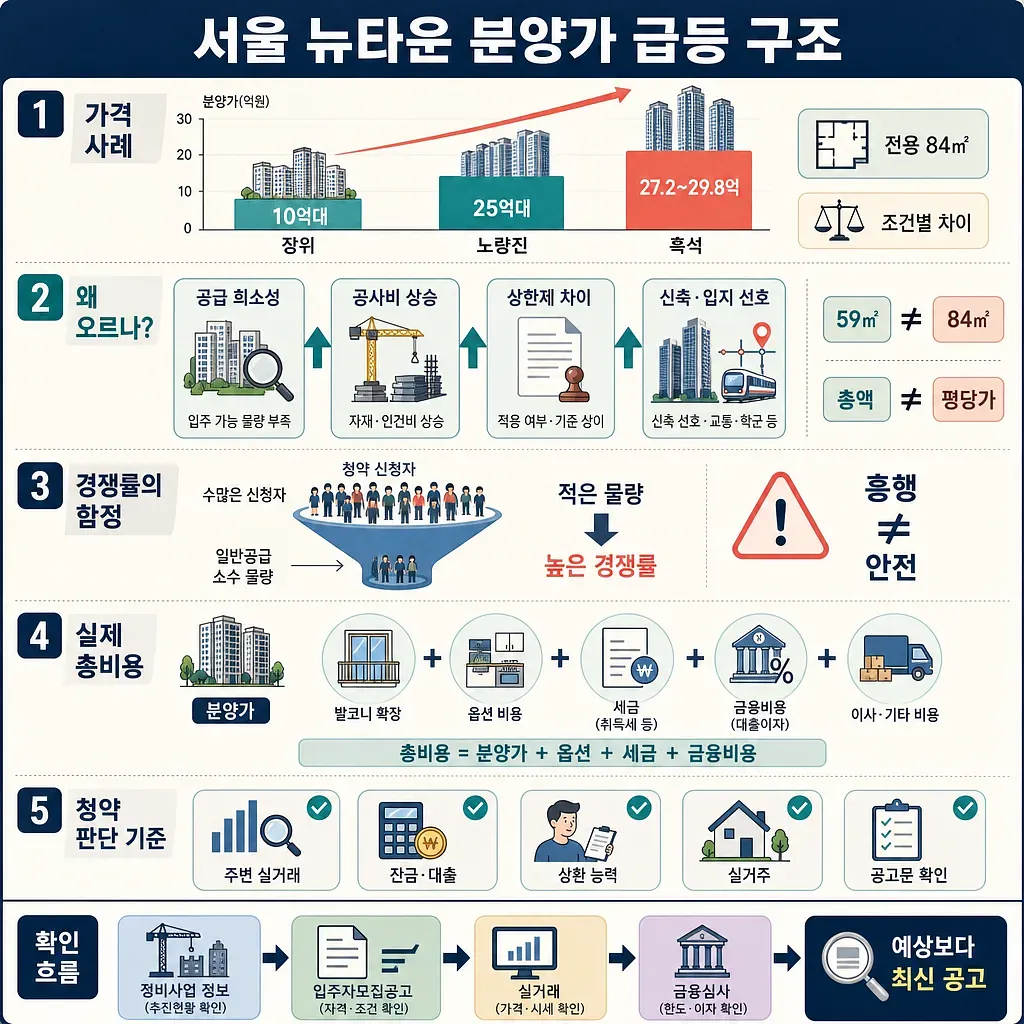 서울 뉴타운 분양가 급등 원인과 청약 판단 기준을 5단계로 정리한 인포그래픽