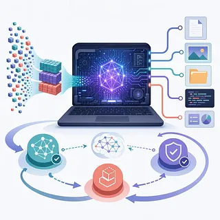 データブロックを文書・画像・コードなどに処理するローカルAI搭載ノートPCの概念図