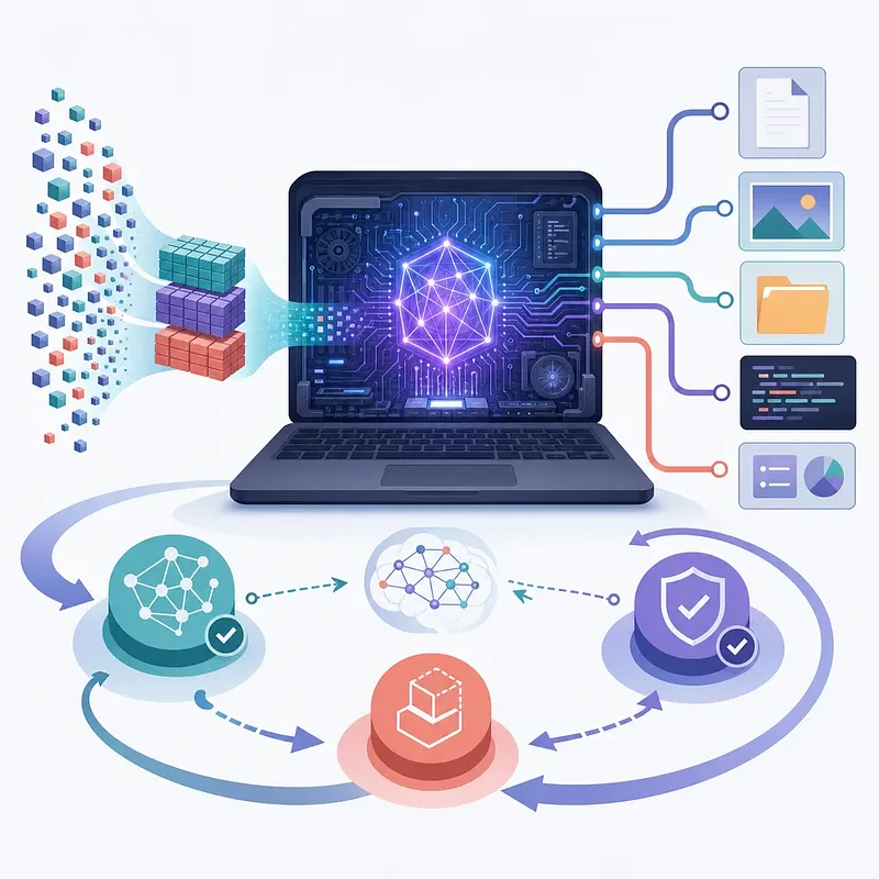 Portátil con IA local que procesa bloques de datos en documentos, imágenes, código y gráficos