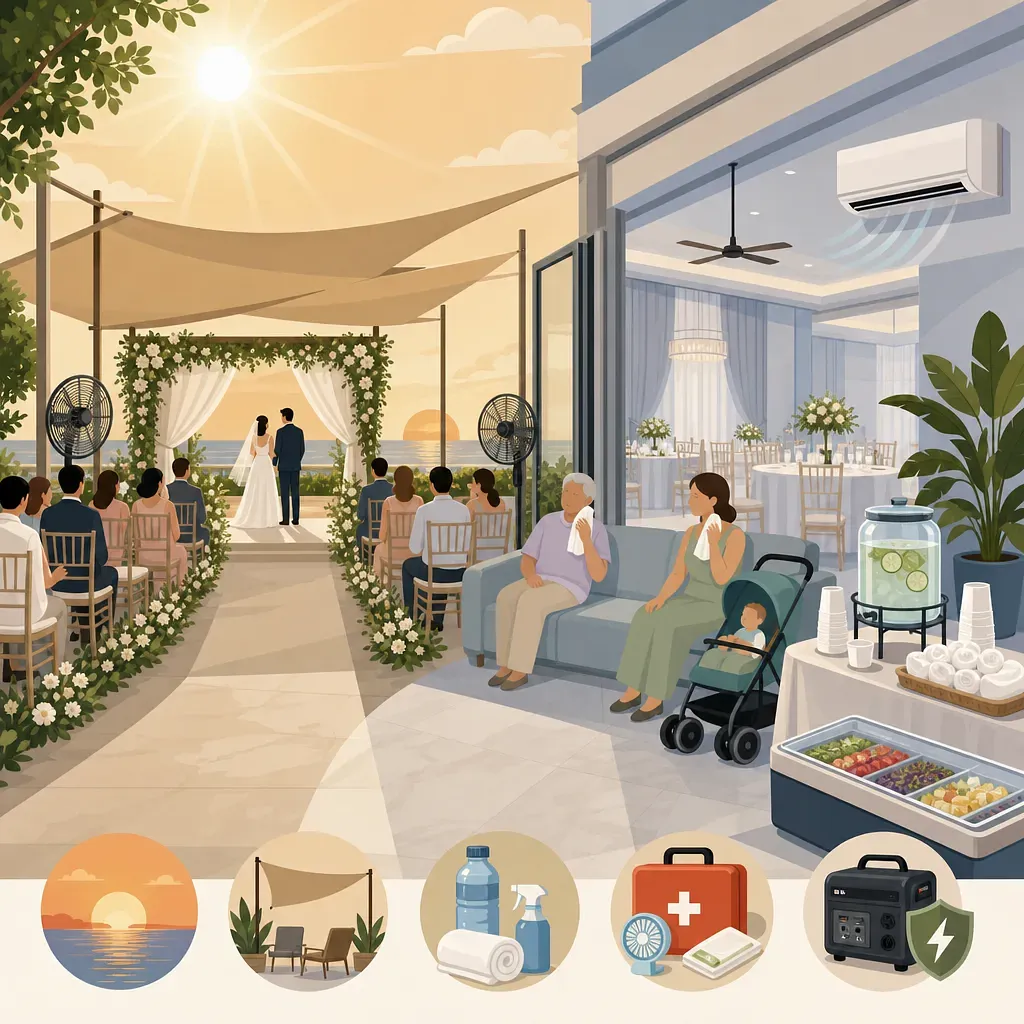 Wedding with a shaded outdoor ceremony and an air-conditioned indoor lounge