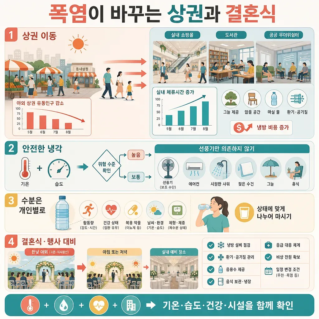 폭염 속 실내 상권 이동, 냉각 안전, 수분 섭취, 결혼식 대비를 안내하는 인포그래픽