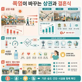 폭염 속 실내 상권 이동, 냉각 안전, 수분 섭취, 결혼식 대비를 안내하는 인포그래픽