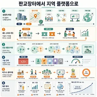 판교장터에서 지역 플랫폼으로 성장한 당근의 전략을 6단계로 정리한 인포그래픽