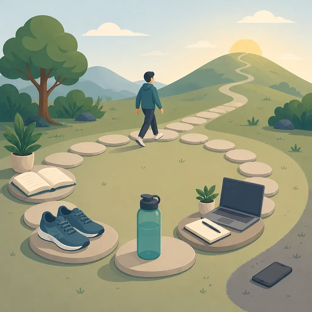 Persona que sube una colina por un sendero de piedras con zapatillas, botella, libros y portátil