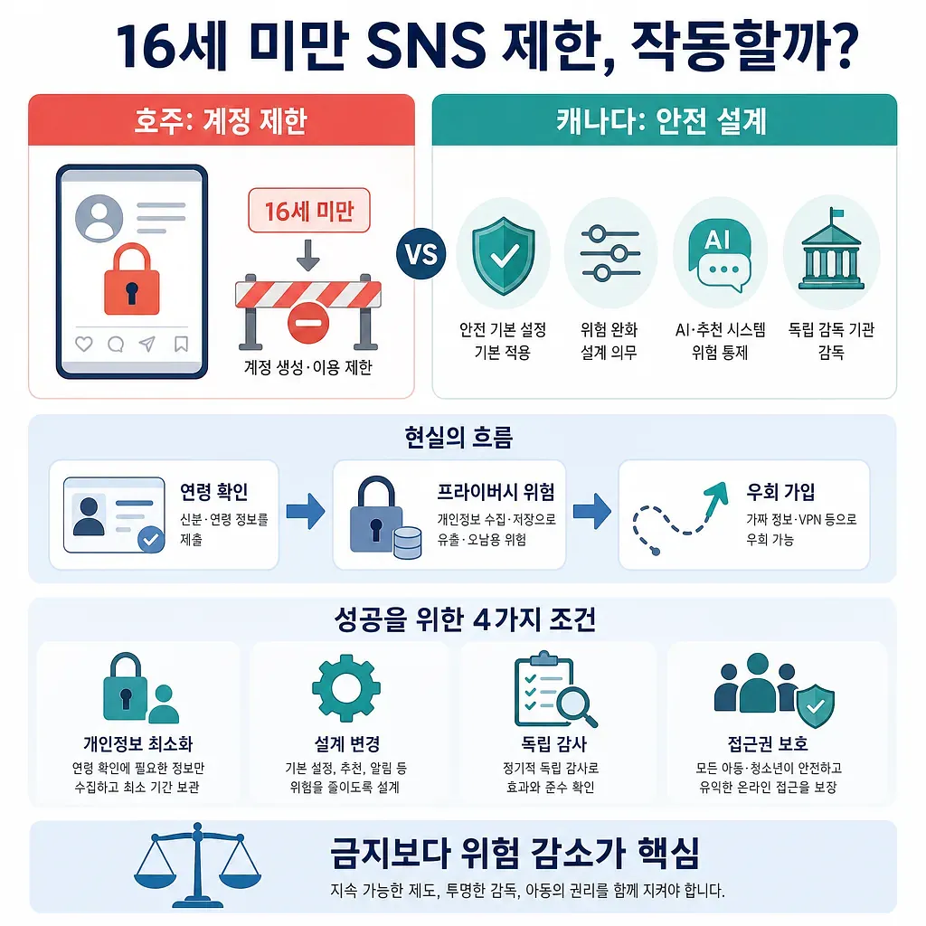 16세 미만 SNS 제한을 호주와 캐나다 규제로 비교한 한국어 인포그래픽