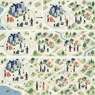 Map-style illustration of a resale network expanding from a city center into residential neighborhoods