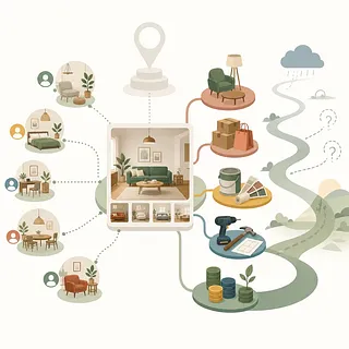 Growth path linking an interior app with user rooms, furniture, shopping, renovation tools, and revenue