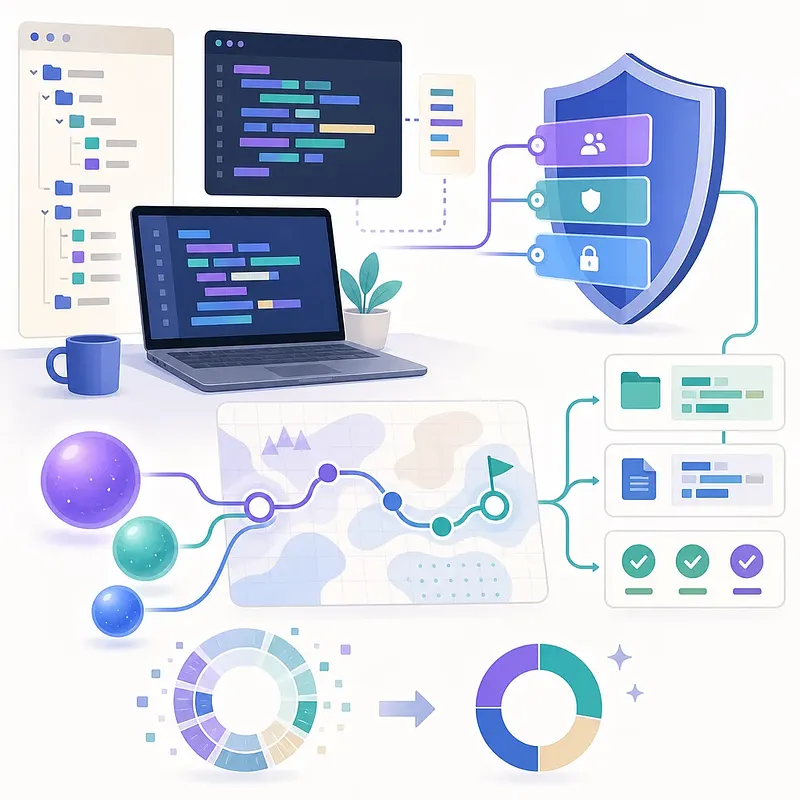 Illustration of a coding laptop, file tree, permission shield, and connected workflow