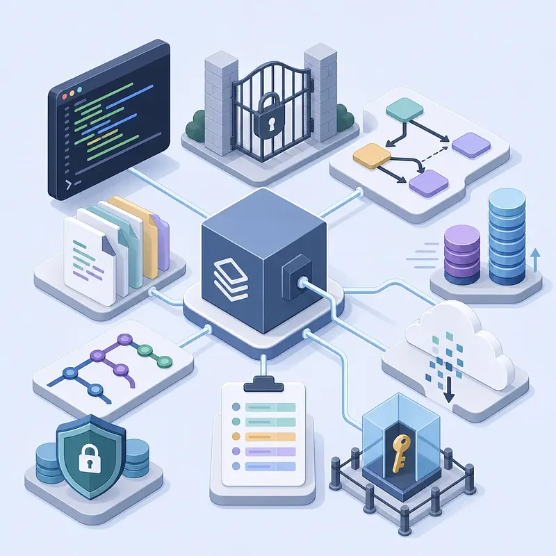 Central server linked to code, permission lock, workflow, documents, databases, and cloud services