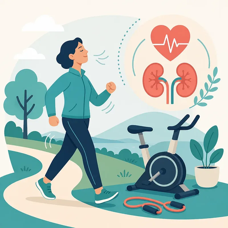 Woman walking beside an exercise bike and jump rope, with kidney and heart symbols