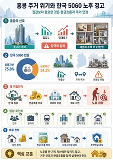 홍콩 주거 신호, 한국 5060 자산 구조, 위험 요인과 대응 전략을 정리한 인포그래픽