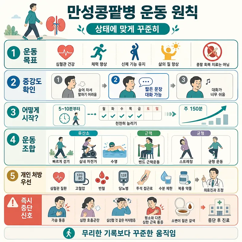 걷기, 운동 강도, 운동 조합, 개인별 주의사항과 중단 신호를 설명한 만성콩팥병 운동 원칙 안내도