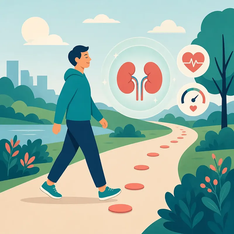 Hombre caminando por un parque junto a iconos de riñones, corazón y medidor de salud