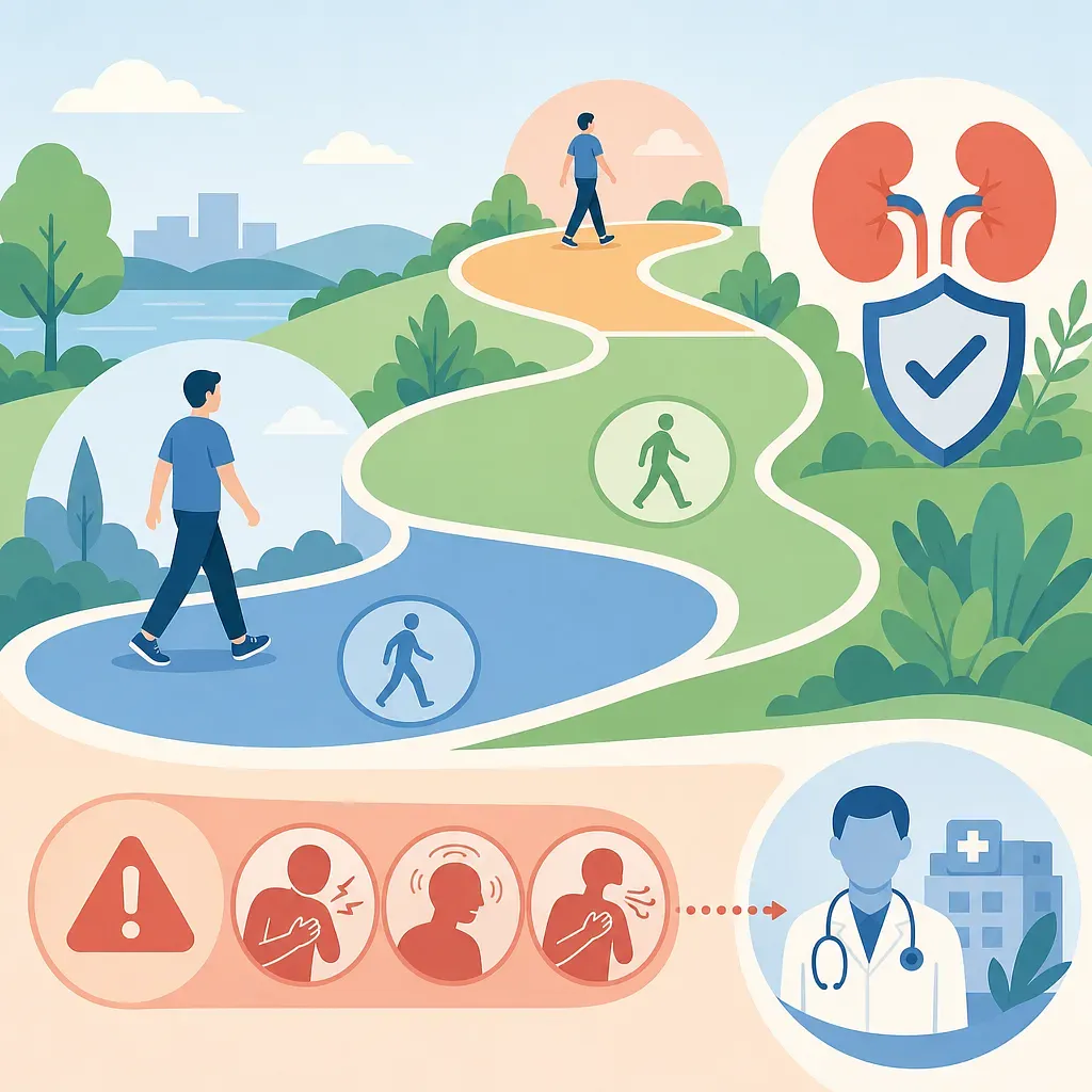 People walking on a path with kidneys, a protective shield, warning symptoms, and a doctor