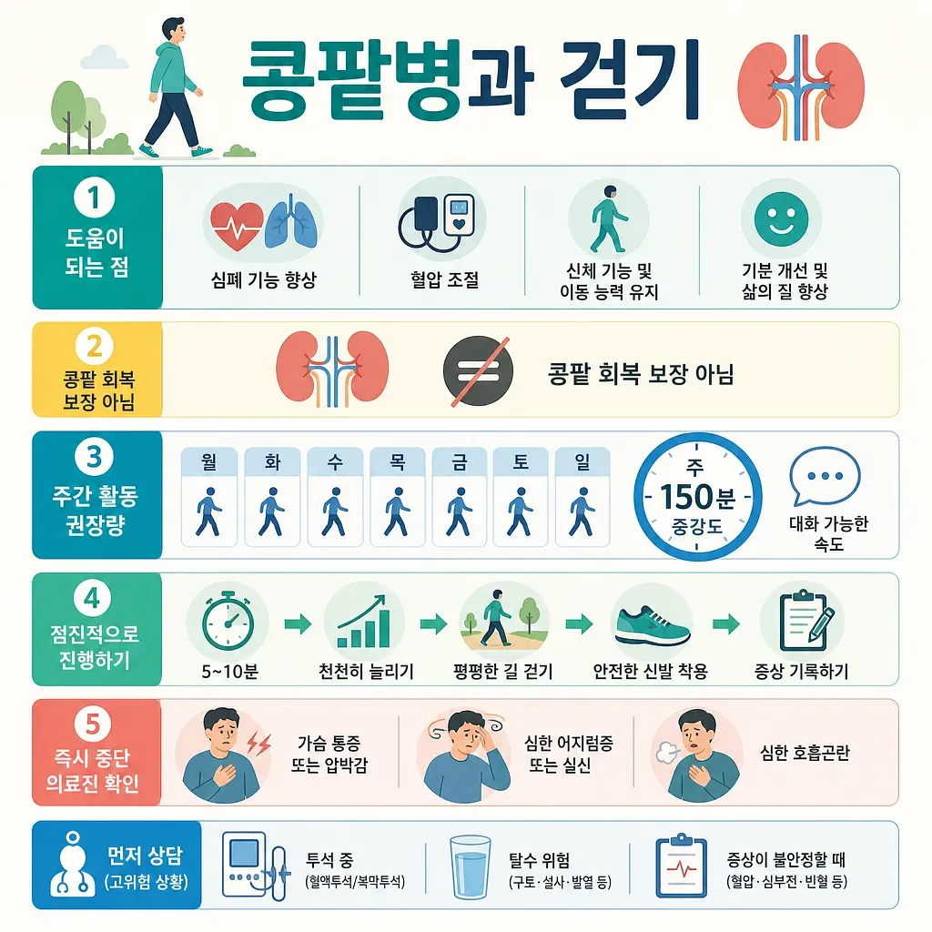 콩팥병 환자의 걷기 효과, 주 150분 권장량, 단계별 운동법과 중단 신호를 정리한 안내문