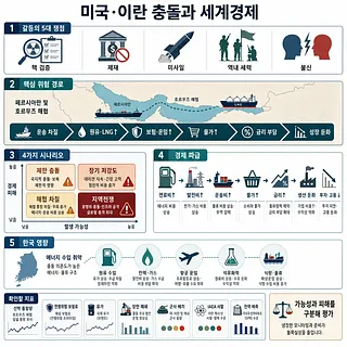 미국·이란 갈등의 쟁점, 호르무즈 해협 위험, 경제 파급과 한국 영향을 정리한 인포그래픽