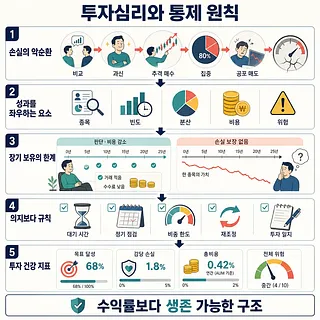 손실의 악순환부터 투자 건강 지표까지 5단계로 정리한 투자심리와 통제 원칙 인포그래픽