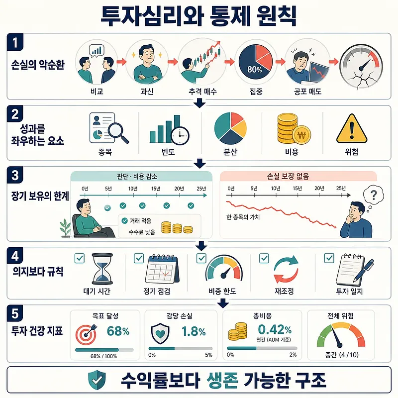 손실의 악순환부터 투자 건강 지표까지 5단계로 정리한 투자심리와 통제 원칙 인포그래픽