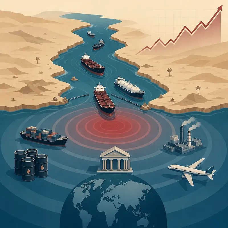 Tankers crossing a desert strait amid global economic sectors and a rising chart